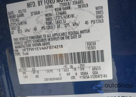 2010 Ford F-150 Fx4/Harley-Davidson/King Ranch/Lariat/Platinum/Xl/Xlt z USA, uszkodzony, nr VIN 1FTFW1EV4AFB74218